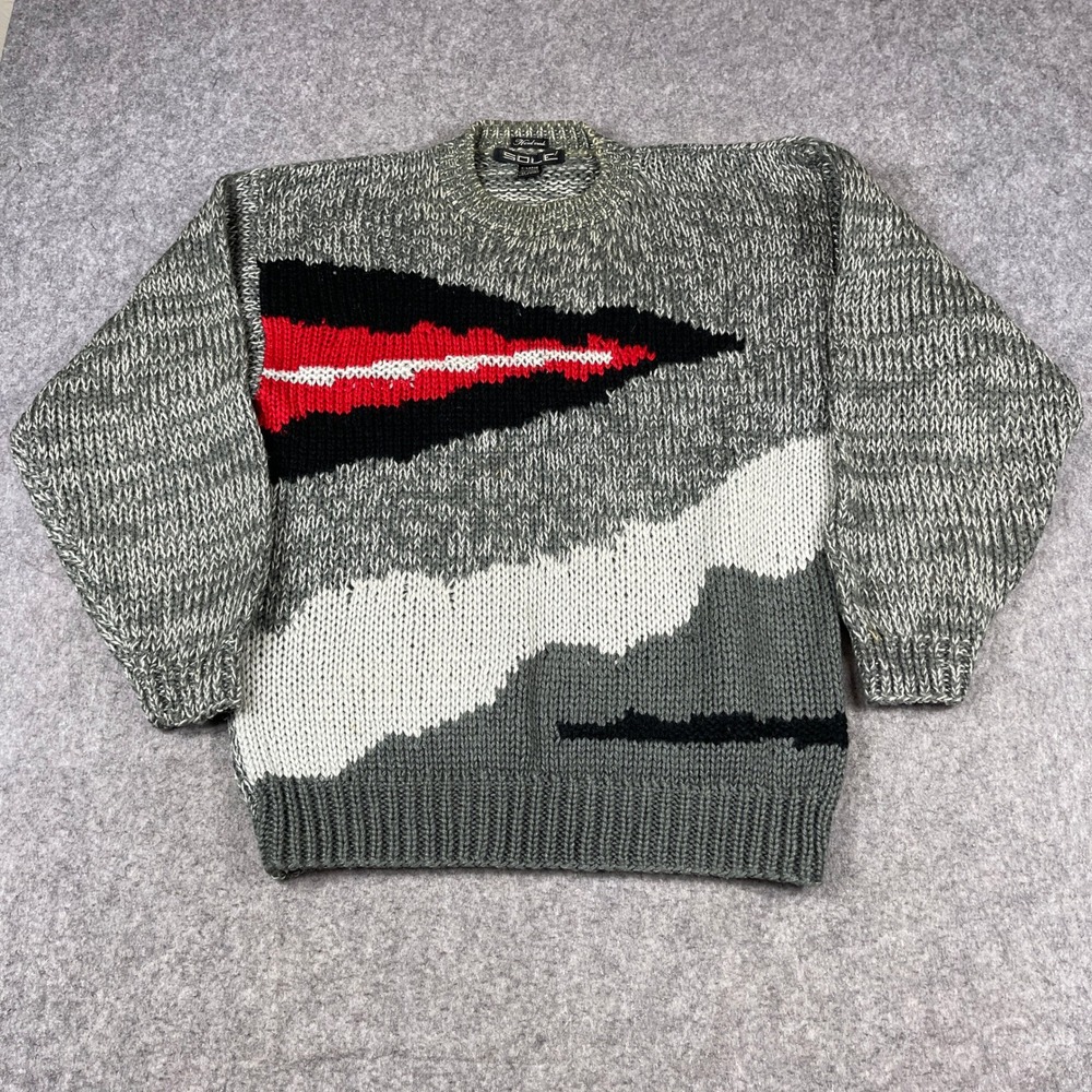 Vintage Sole Chunky Knit Sweater Mens XL Grey Abstract Intarsia Handmade Korea